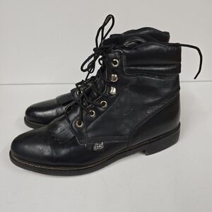 Vintage Justin Basics Black Leather Lace Up Fringe Boots‎ Womens Size 8 1/2 B